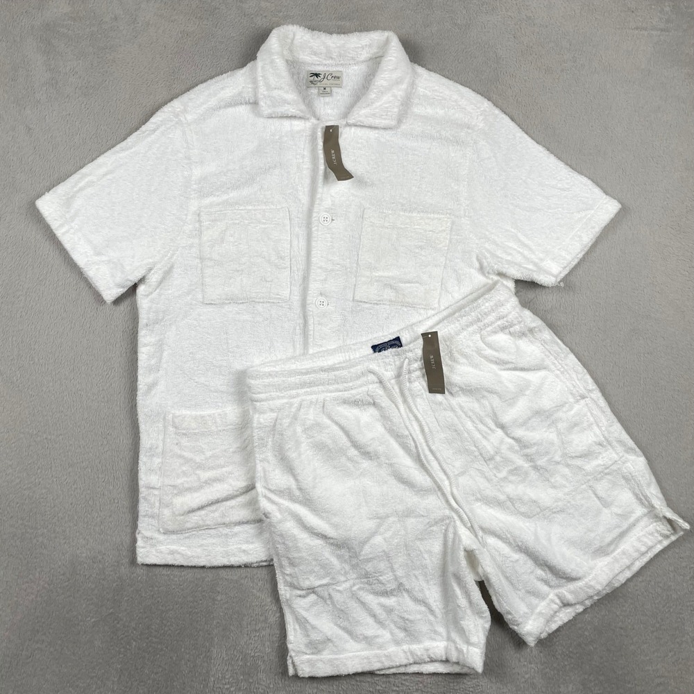 New J Crew Terry Cloth Set Mens Medium White Shorts Button Up Shirt Camp Pocket